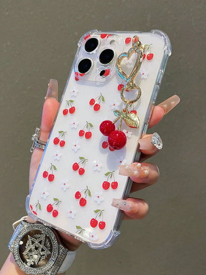 1pc Transparent Solid Color Phone Case With Camera Protection And Cute Cartoon Cherry Pattern, With Cherry Pendant Charm, Compatible With Iphone18/18Pro/17Promax/17/17Air/17pro/17promax/16/16Pro/16plu