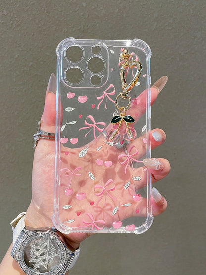 1pc Transparent Solid Color Phone Case With Camera Protection And Cute Cartoon Cherry Pattern, With Cherry Pendant Charm, Compatible With Iphone18/18Pro/17Promax/17/17Air/17pro/17promax/16/16Pro/16plu