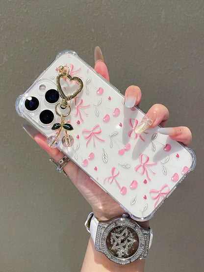 1pc Transparent Solid Color Phone Case With Camera Protection And Cute Cartoon Cherry Pattern, With Cherry Pendant Charm, Compatible With Iphone18/18Pro/17Promax/17/17Air/17pro/17promax/16/16Pro/16plu