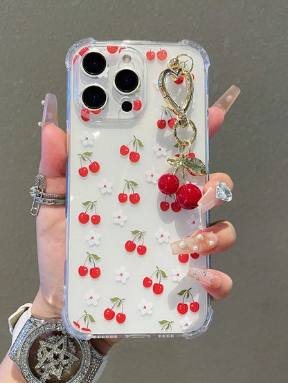1pc Transparent Solid Color Phone Case With Camera Protection And Cute Cartoon Cherry Pattern, With Cherry Pendant Charm, Compatible With Iphone18/18Pro/17Promax/17/17Air/17pro/17promax/16/16Pro/16plu