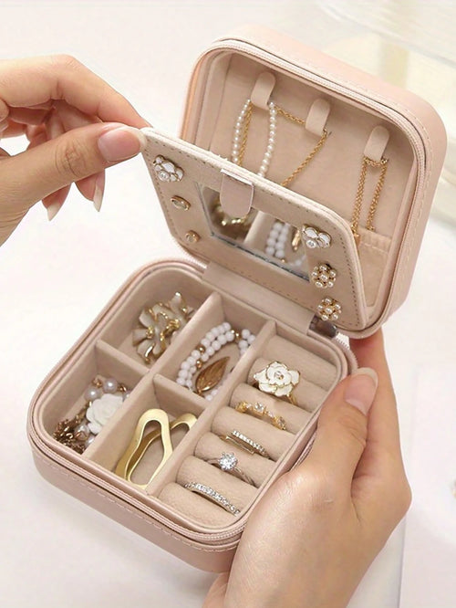1pc Travel Jewelry Box, Mini Jewelry Organizer With Mirror For Necklaces & Earrings, Pink Travel Essential, Women's Gift, Large Capacity, Portable Jewelry Storage Case