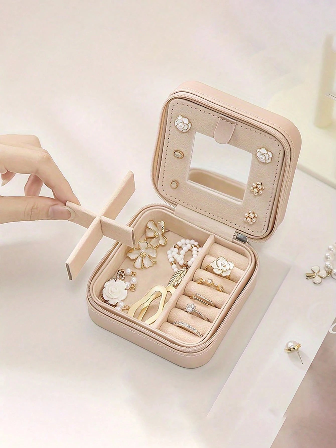 1pc Travel Jewelry Box, Mini Jewelry Organizer With Mirror For Necklaces & Earrings, Pink Travel Essential, Women's Gift, Large Capacity, Portable Jewelry Storage Case