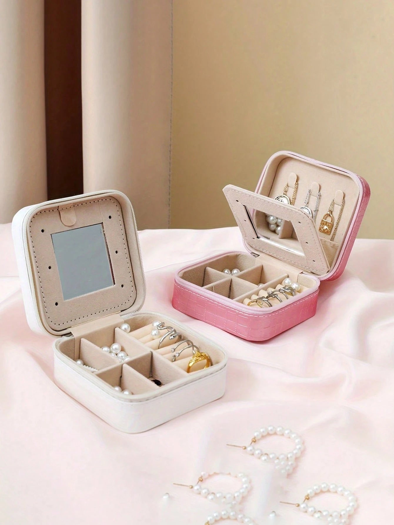1pc Travel Jewelry Box, Mini Jewelry Organizer With Mirror For Necklaces & Earrings, Pink Travel Essential, Women's Gift, Large Capacity, Portable Jewelry Storage Case