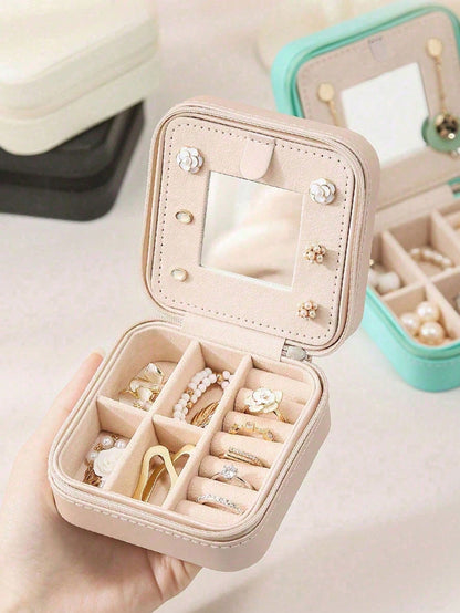 1pc Travel Jewelry Box, Mini Jewelry Organizer With Mirror For Necklaces & Earrings, Pink Travel Essential, Women's Gift, Large Capacity, Portable Jewelry Storage Case