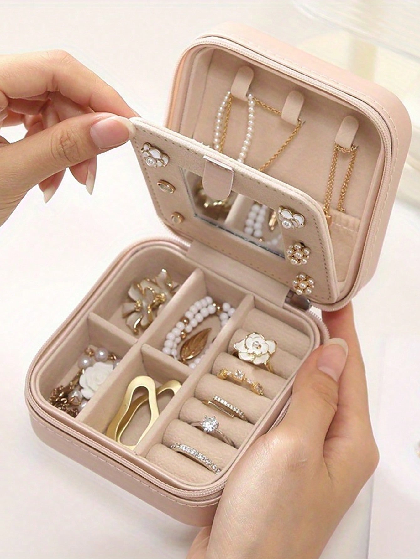 1pc Travel Jewelry Box, Mini Jewelry Organizer With Mirror For Necklaces & Earrings, Pink Travel Essential, Women's Gift, Large Capacity, Portable Jewelry Storage Case