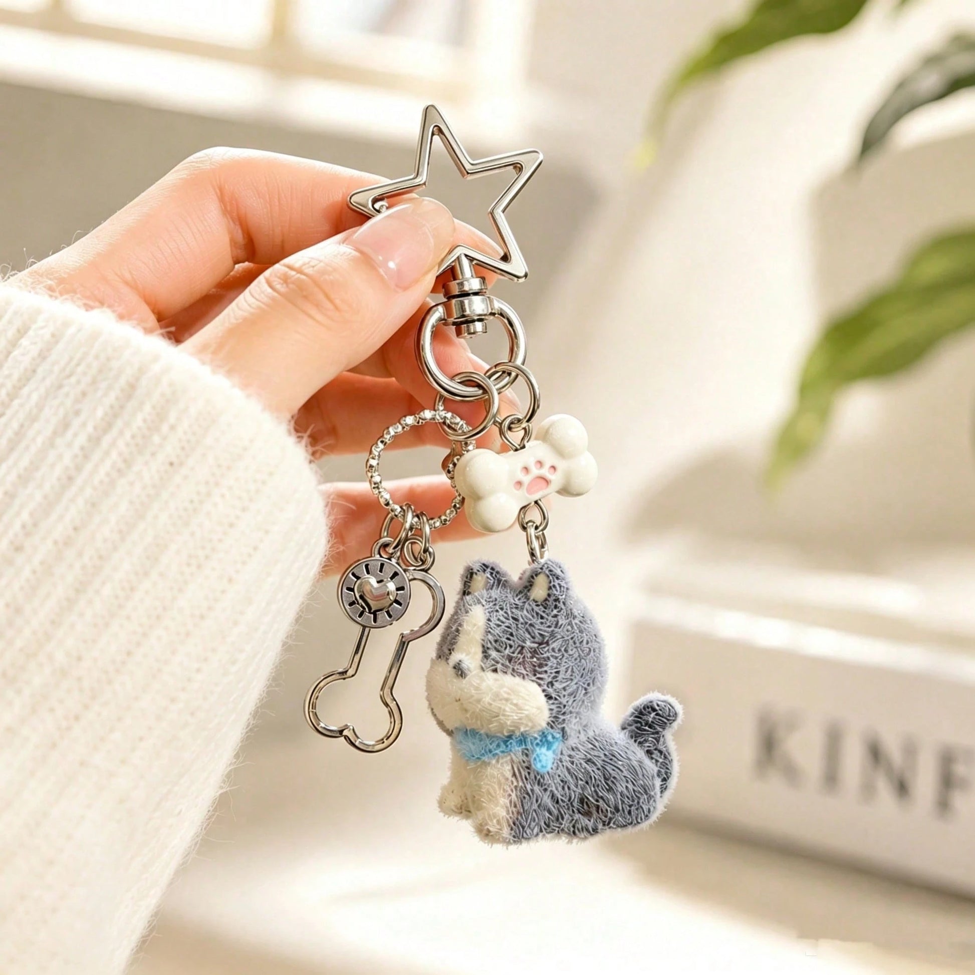 1pc Unisex Flocked Puppy Keychain, Cute Star Hollow Bone Pendant Accessory Bag Charm