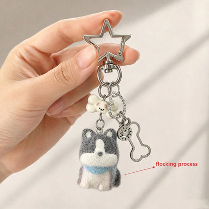 1pc Unisex Flocked Puppy Keychain, Cute Star Hollow Bone Pendant Accessory Bag Charm