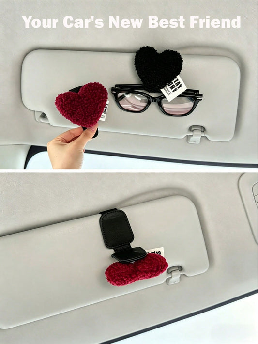 1pc Universal Car Glasses Clip, Fashion Glasses Clip With Cute Heart Pattern, Plush Material, Car Glasses Holder, Interior Decor, Glasses Storage Rack, Car Accessories