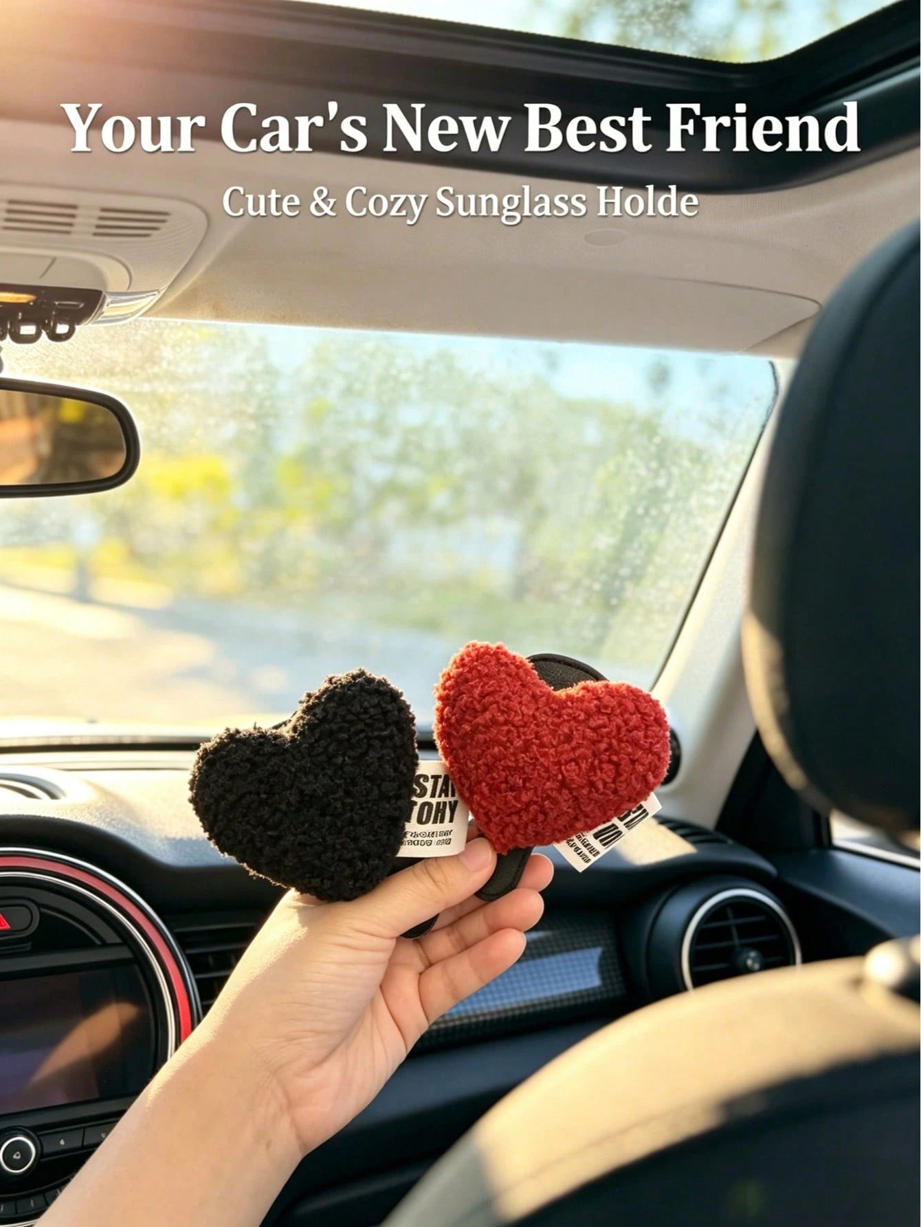 1pc Universal Car Glasses Clip, Fashion Glasses Clip With Cute Heart Pattern, Plush Material, Car Glasses Holder, Interior Decor, Glasses Storage Rack, Car Accessories