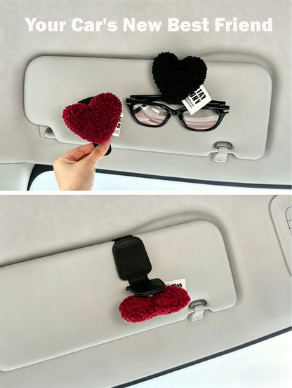 1pc Universal Car Glasses Clip, Fashion Glasses Clip With Cute Heart Pattern, Plush Material, Car Glasses Holder, Interior Decor, Glasses Storage Rack, Car Accessories