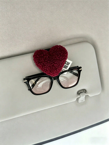 1pc Universal Car Glasses Clip, Fashion Glasses Clip With Cute Heart Pattern, Plush Material, Car Glasses Holder, Interior Decor, Glasses Storage Rack, Car Accessories