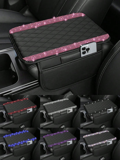1pc Universal Shiny Diamond Car Armrest Cover- PU Leather Center Console Protector With 2 Storage Pockets, Fits Most Car Models