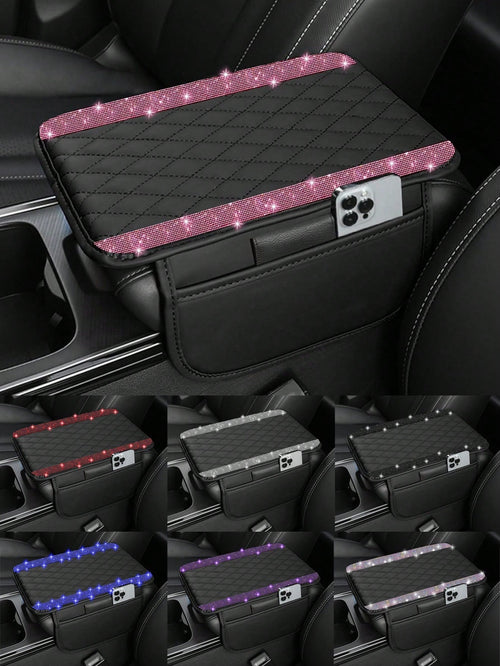 1pc Universal Shiny Diamond Car Armrest Cover- PU Leather Center Console Protector With 2 Storage Pockets, Fits Most Car Models