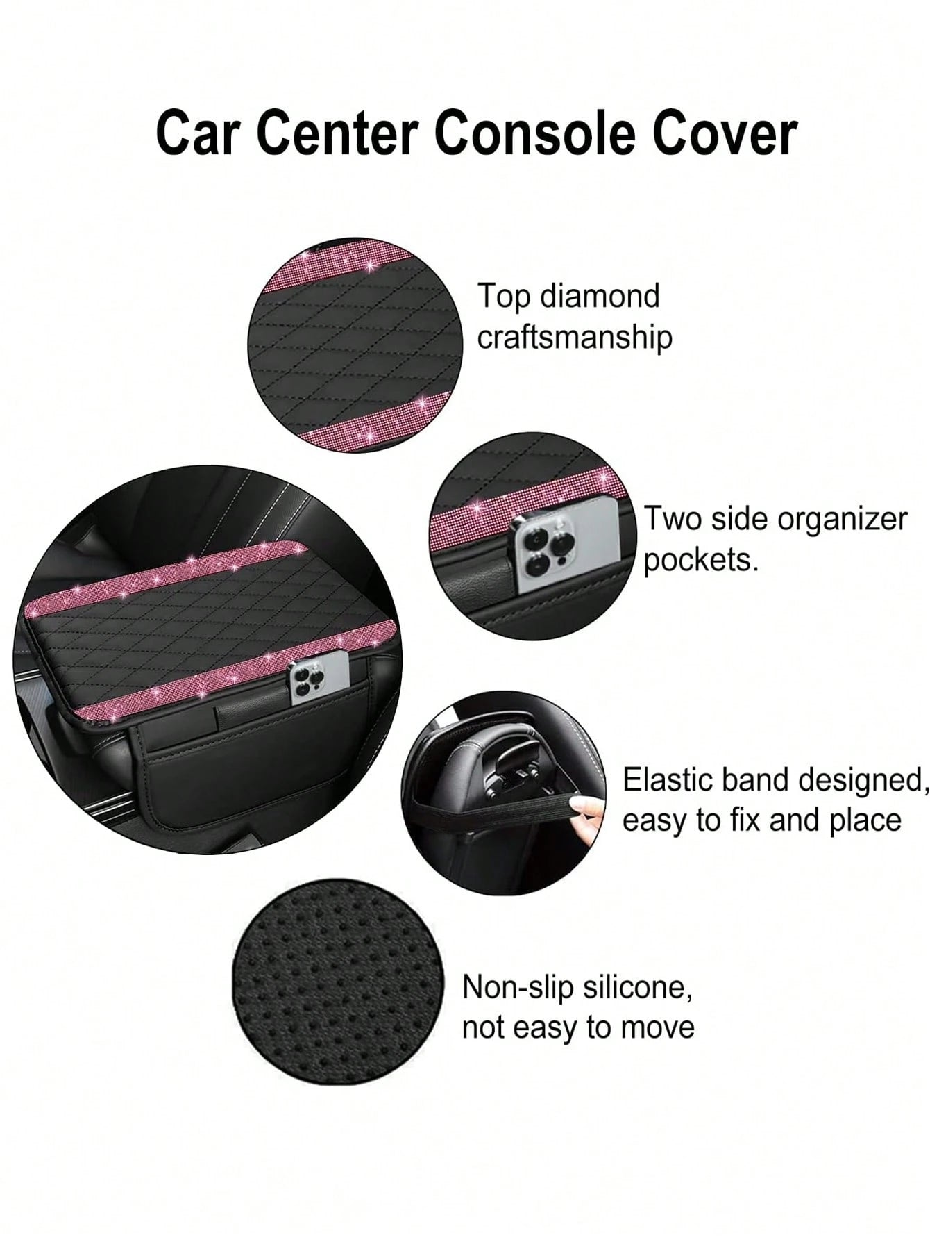 1pc Universal Shiny Diamond Car Armrest Cover- PU Leather Center Console Protector With 2 Storage Pockets, Fits Most Car Models