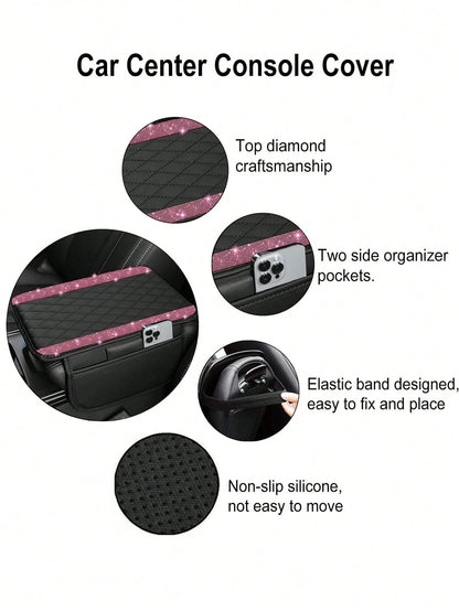1pc Universal Shiny Diamond Car Armrest Cover- PU Leather Center Console Protector With 2 Storage Pockets, Fits Most Car Models