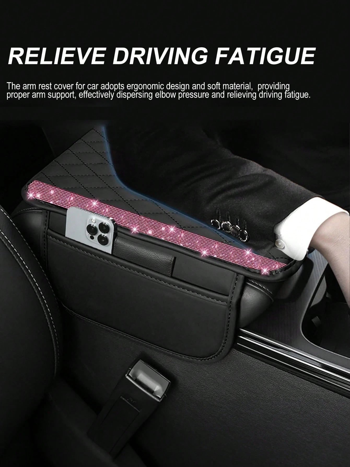 1pc Universal Shiny Diamond Car Armrest Cover- PU Leather Center Console Protector With 2 Storage Pockets, Fits Most Car Models