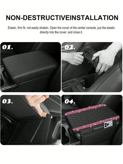 1pc Universal Shiny Diamond Car Armrest Cover- PU Leather Center Console Protector With 2 Storage Pockets, Fits Most Car Models
