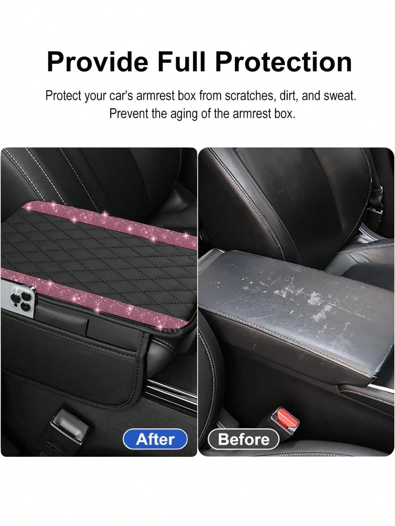 1pc Universal Shiny Diamond Car Armrest Cover- PU Leather Center Console Protector With 2 Storage Pockets, Fits Most Car Models