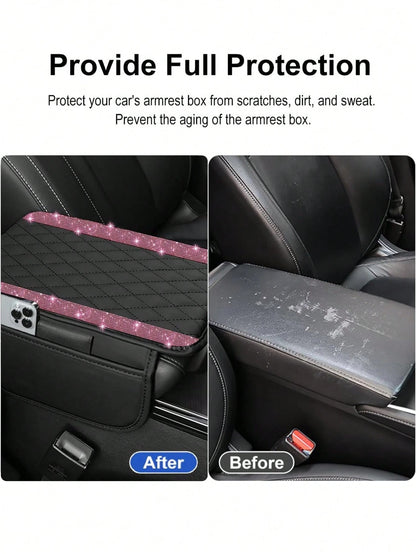 1pc Universal Shiny Diamond Car Armrest Cover- PU Leather Center Console Protector With 2 Storage Pockets, Fits Most Car Models