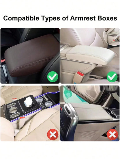 1pc Universal Shiny Diamond Car Armrest Cover- PU Leather Center Console Protector With 2 Storage Pockets, Fits Most Car Models