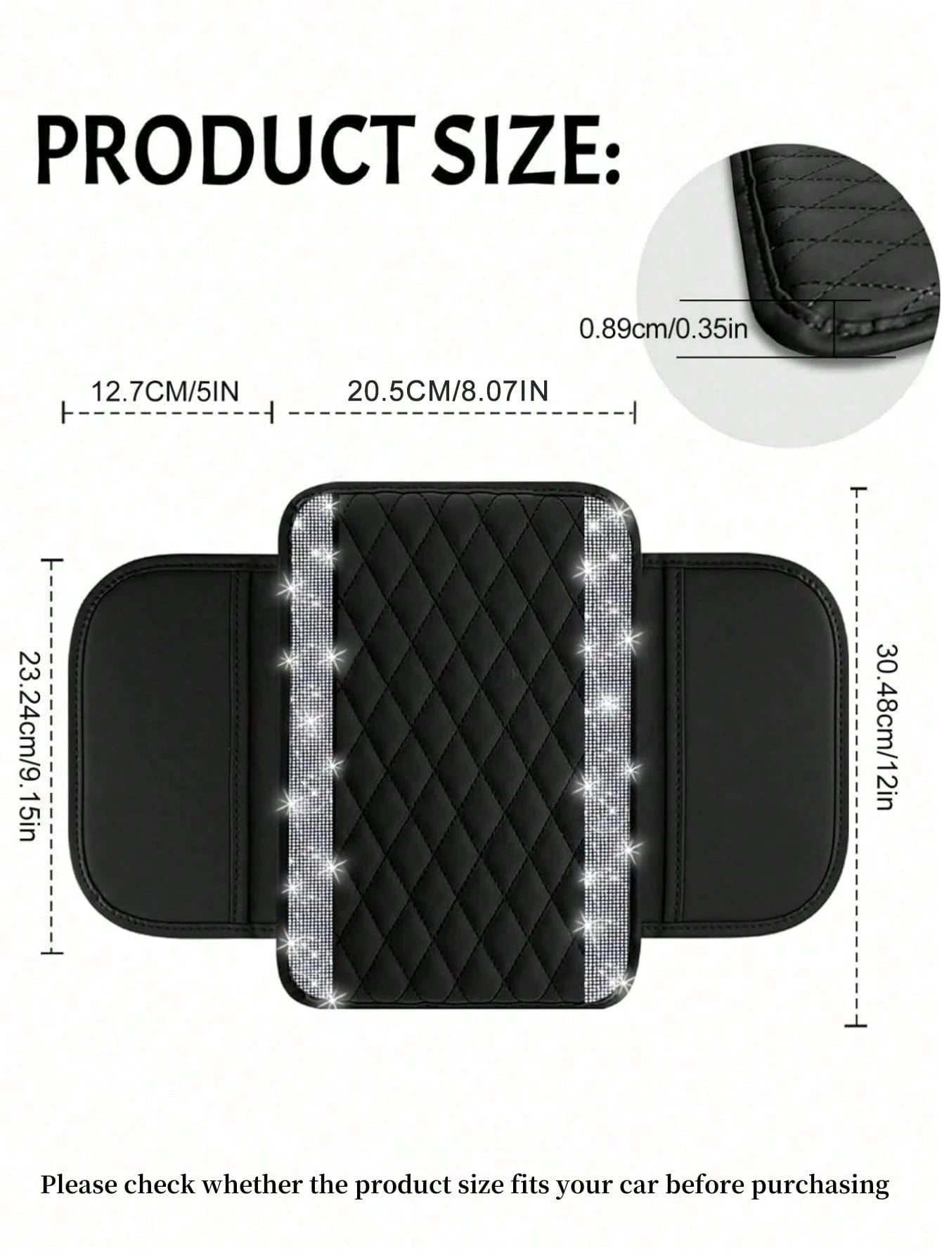 1pc Universal Shiny Diamond Car Armrest Cover- PU Leather Center Console Protector With 2 Storage Pockets, Fits Most Car Models