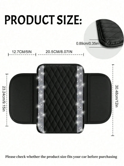 1pc Universal Shiny Diamond Car Armrest Cover- PU Leather Center Console Protector With 2 Storage Pockets, Fits Most Car Models
