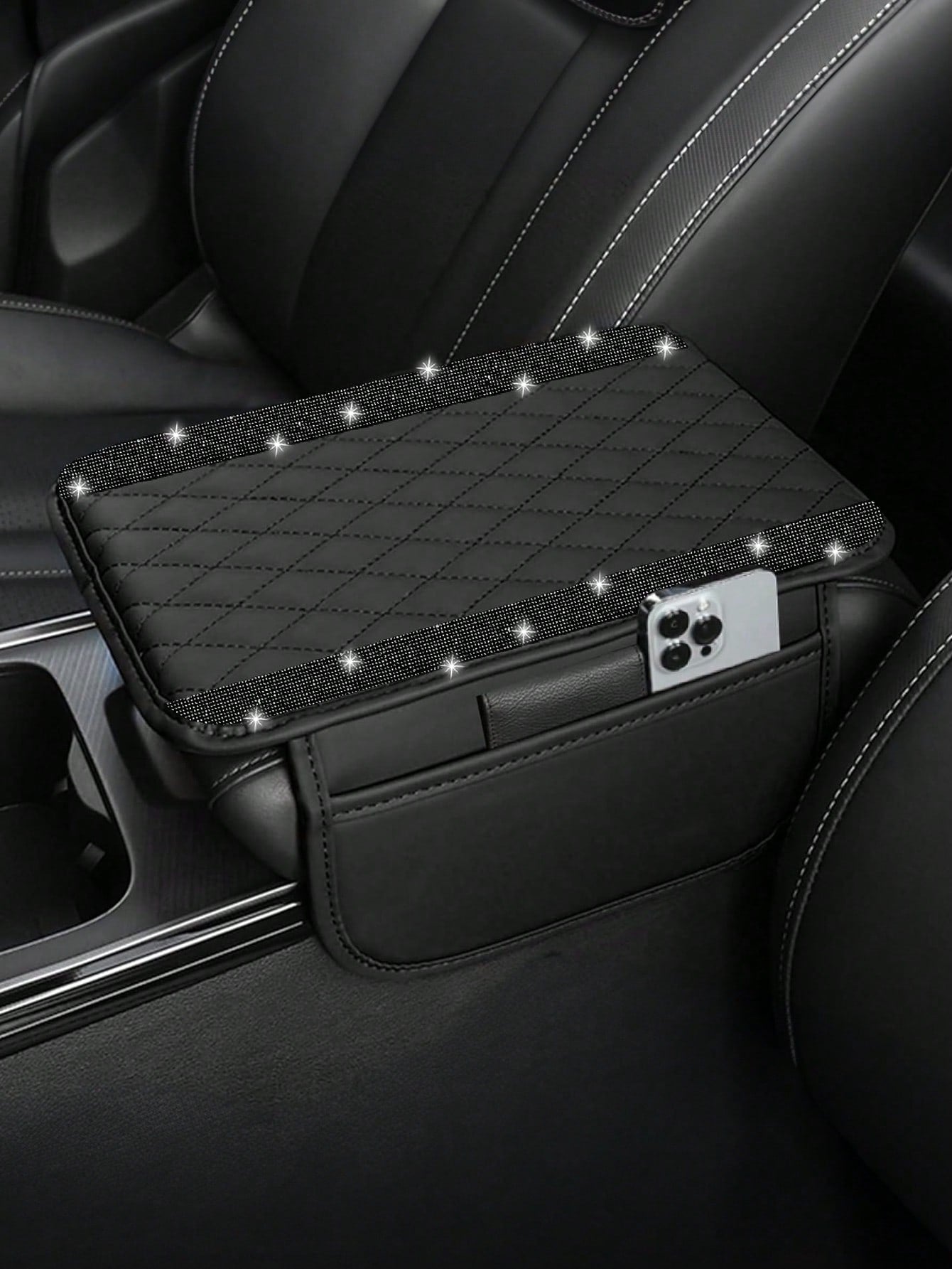 1pc Universal Shiny Diamond Car Armrest Cover- PU Leather Center Console Protector With 2 Storage Pockets, Fits Most Car Models