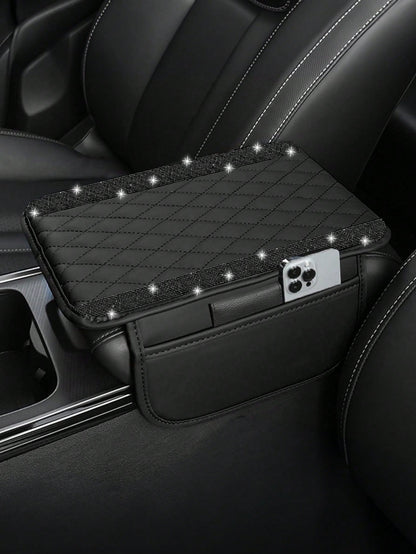 1pc Universal Shiny Diamond Car Armrest Cover- PU Leather Center Console Protector With 2 Storage Pockets, Fits Most Car Models