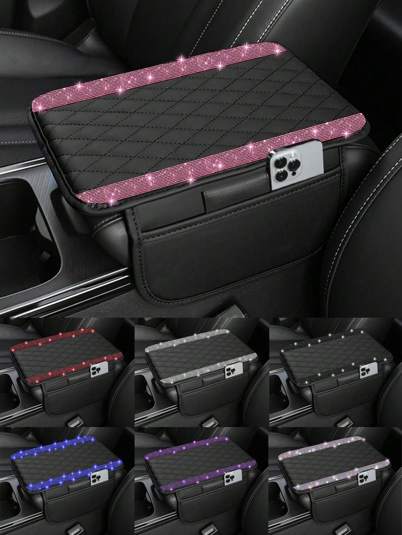 1pc Universal Shiny Diamond Car Armrest Cover- PU Leather Center Console Protector With 2 Storage Pockets, Fits Most Car Models