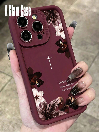 1pc Vintage Floral & Faith Cross Print Burgundy Frame Phone Case, Soft TPU Cover, With For IPhone17Promax/16/15/13/14/12/11Promax, Perfect Gift For Mother's Day, Family Gatherings, Birthday Parties