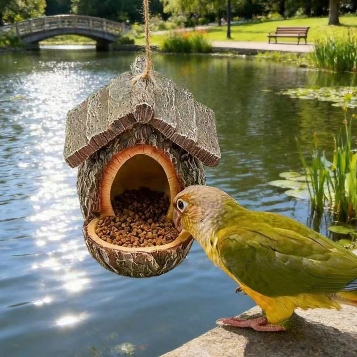 1pc Vintage Tree Stump Hanging Bird Feeder, Faux Tree Bark Wooden Bird Feeding Station, Outdoor Garden Birdwatching Decor Bird Feeding Supplies