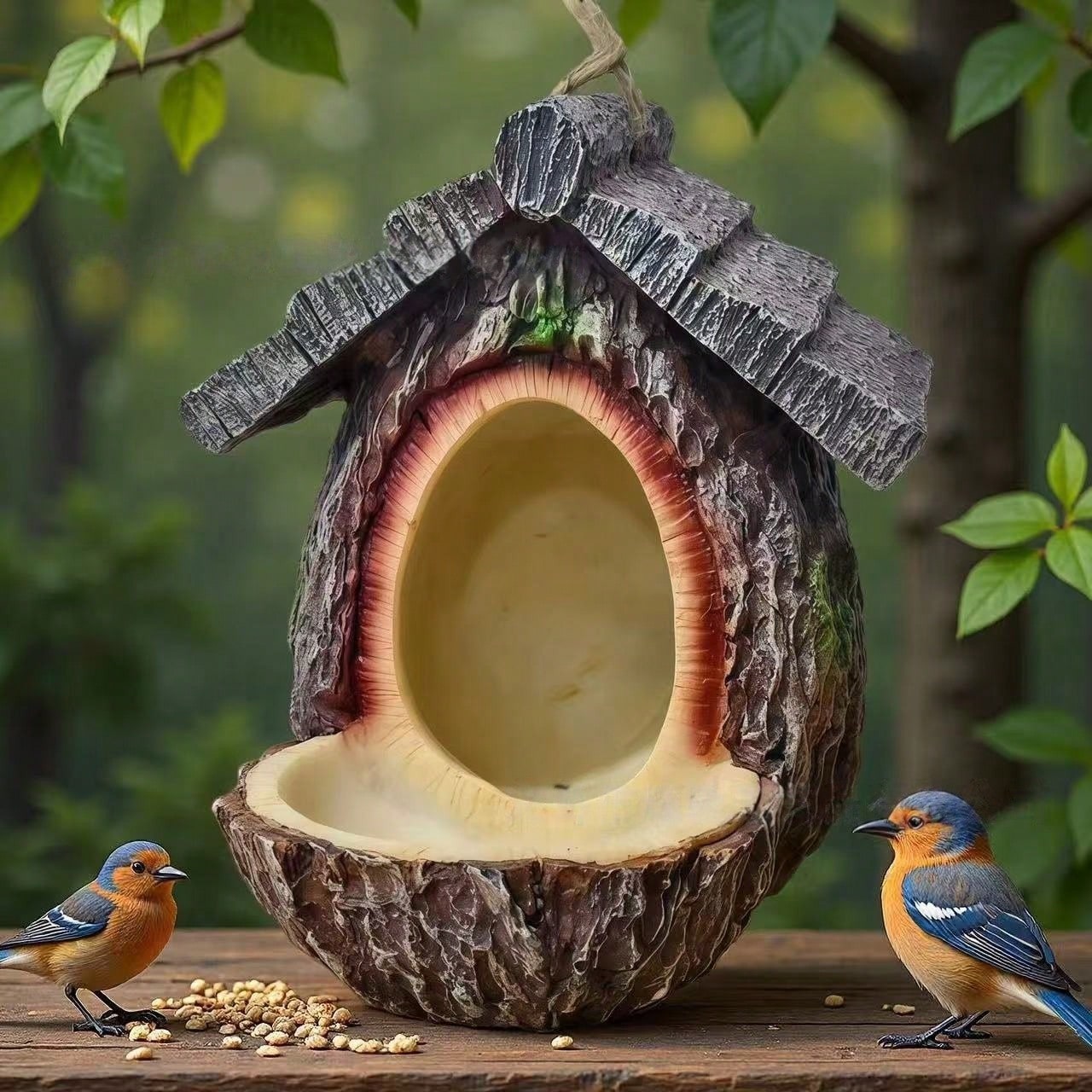 1pc Vintage Tree Stump Hanging Bird Feeder, Faux Tree Bark Wooden Bird Feeding Station, Outdoor Garden Birdwatching Decor Bird Feeding Supplies