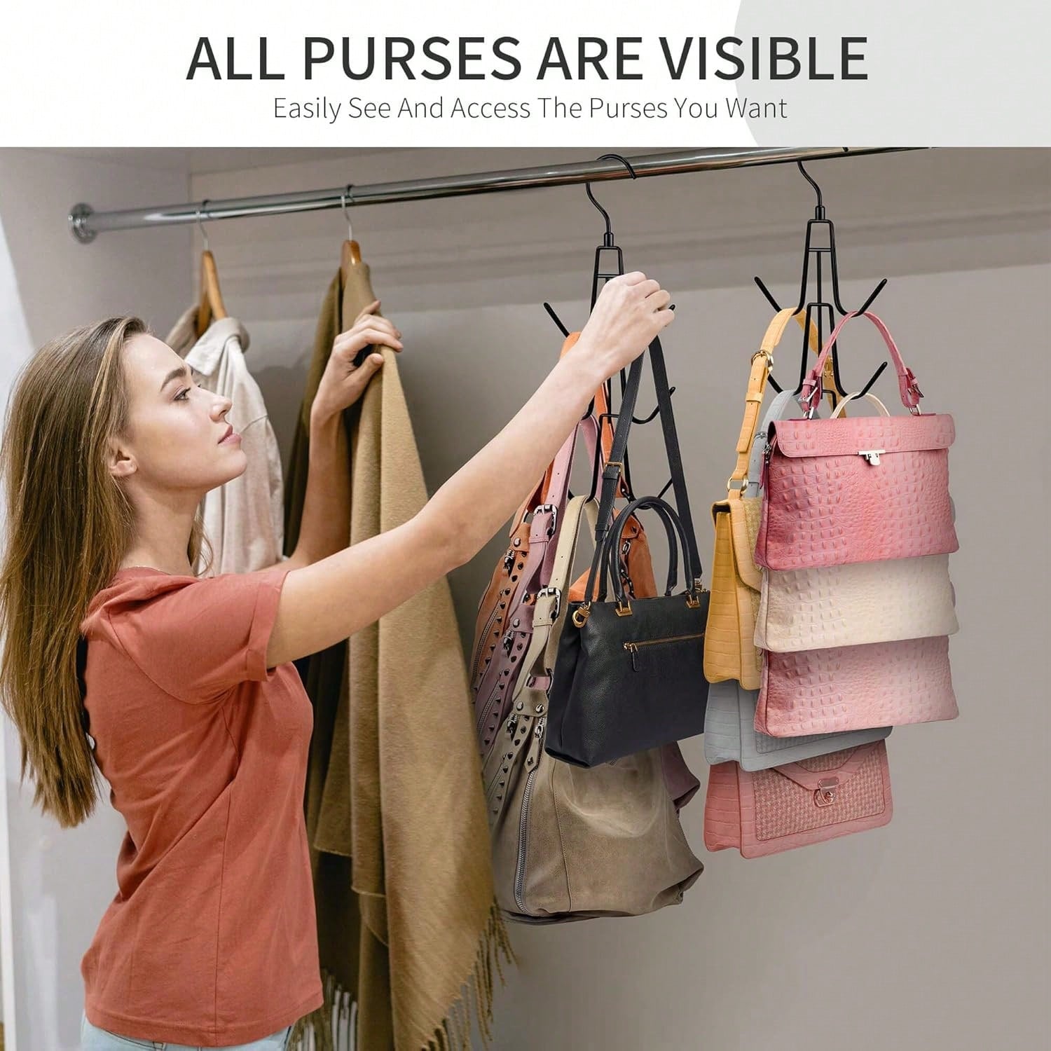 1pc Wardrobe Bag Organizer With Rotating Hooks For Easy Hanging And Storage Of Bags, Keeping Bags Visible; Metal Handbag Hooks; Backpack Rack; Saves Wardrobe Space; Black