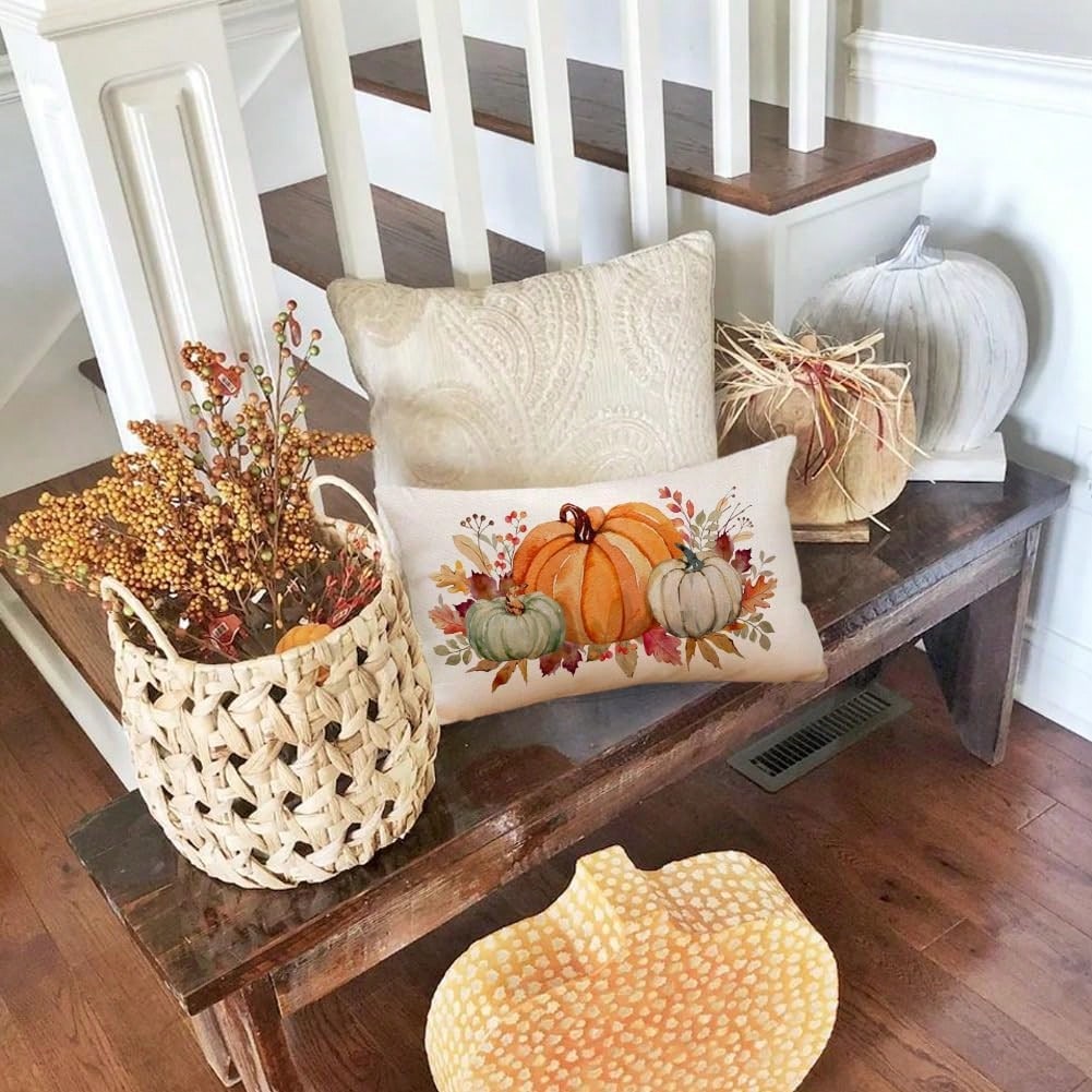 1PC Watercolor Autumn Pumpkin And Maple Leaf Lumbar Pillow Cover, Autumn Harvest Berry Floral Rectangular Pillow Cover, Linen-Feel Thanksgiving Country-Style Decorative Pillow Cover, Suitable For Sofa