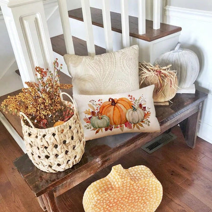 1PC Watercolor Autumn Pumpkin And Maple Leaf Lumbar Pillow Cover, Autumn Harvest Berry Floral Rectangular Pillow Cover, Linen-Feel Thanksgiving Country-Style Decorative Pillow Cover, Suitable For Sofa