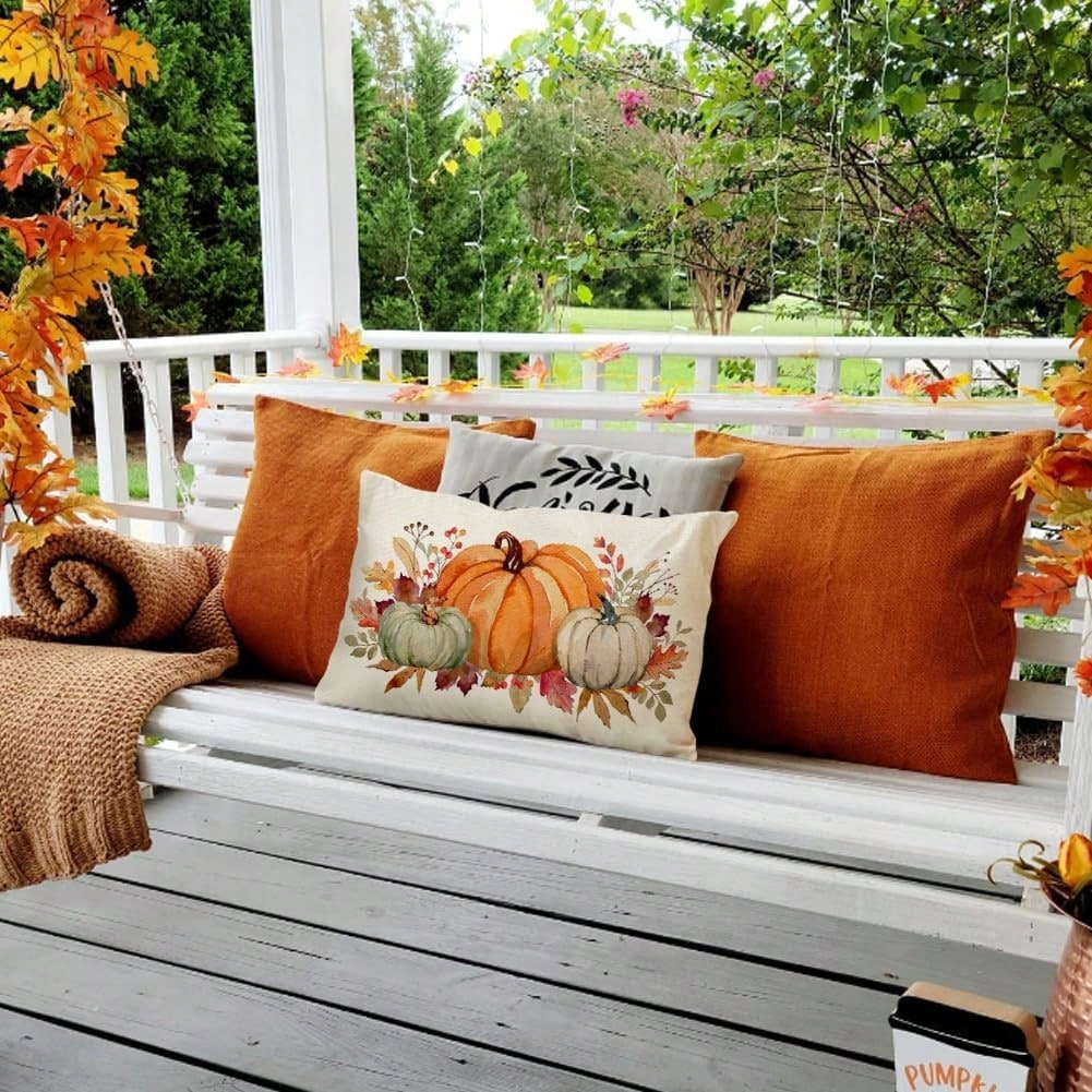 1PC Watercolor Autumn Pumpkin And Maple Leaf Lumbar Pillow Cover, Autumn Harvest Berry Floral Rectangular Pillow Cover, Linen-Feel Thanksgiving Country-Style Decorative Pillow Cover, Suitable For Sofa