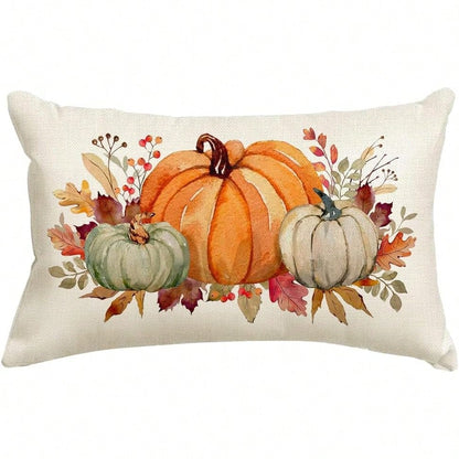 1PC Watercolor Autumn Pumpkin And Maple Leaf Lumbar Pillow Cover, Autumn Harvest Berry Floral Rectangular Pillow Cover, Linen-Feel Thanksgiving Country-Style Decorative Pillow Cover, Suitable For Sofa