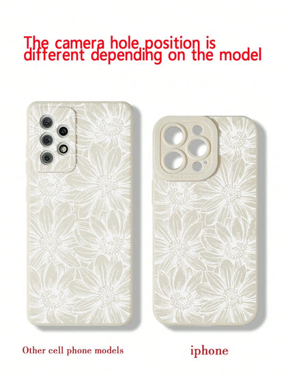 1pc White Floral Elements Fashion Shock-Proof Anti-Scratch Phone Case, Compatible With IPhone 16/11/16Pro/16Plus/16ProMax/16E/15ProMax/13/14/12/XS/XR/7G/8P, Galaxy S25/S25Plus/S25Ultra/A16/A36/A26/A56