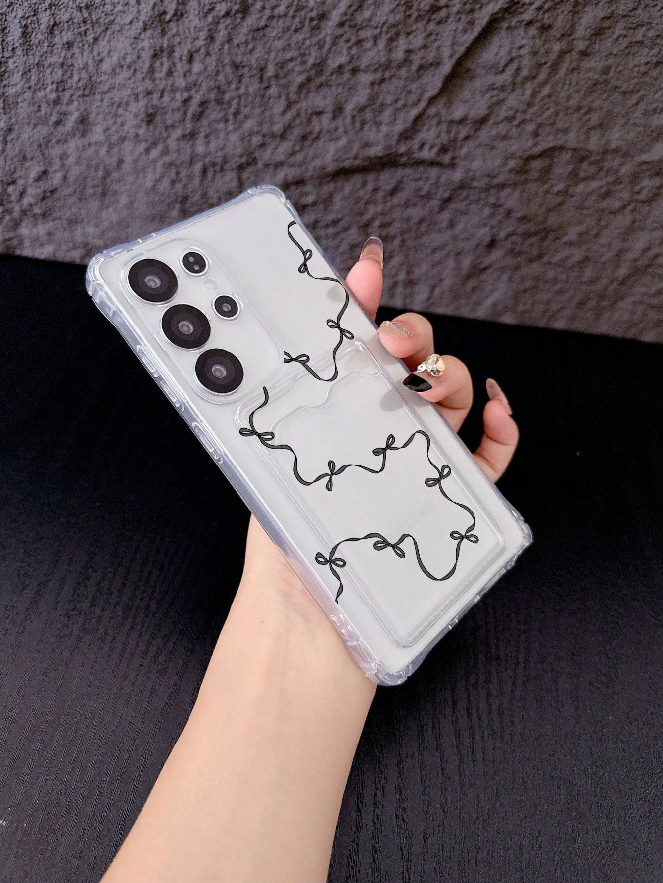 1pc White Transparent TPU Slim Black Ribbon Bow Print Pattern Four-Corner Anti-Drop Integrated Card Slot Phone Case, Fashionable Versatile Creative Personalized, Full Coverage Protection Dustproof Wat