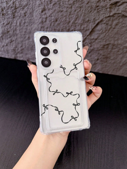 1pc White Transparent TPU Slim Black Ribbon Bow Print Pattern Four-Corner Anti-Drop Integrated Card Slot Phone Case, Fashionable Versatile Creative Personalized, Full Coverage Protection Dustproof Wat