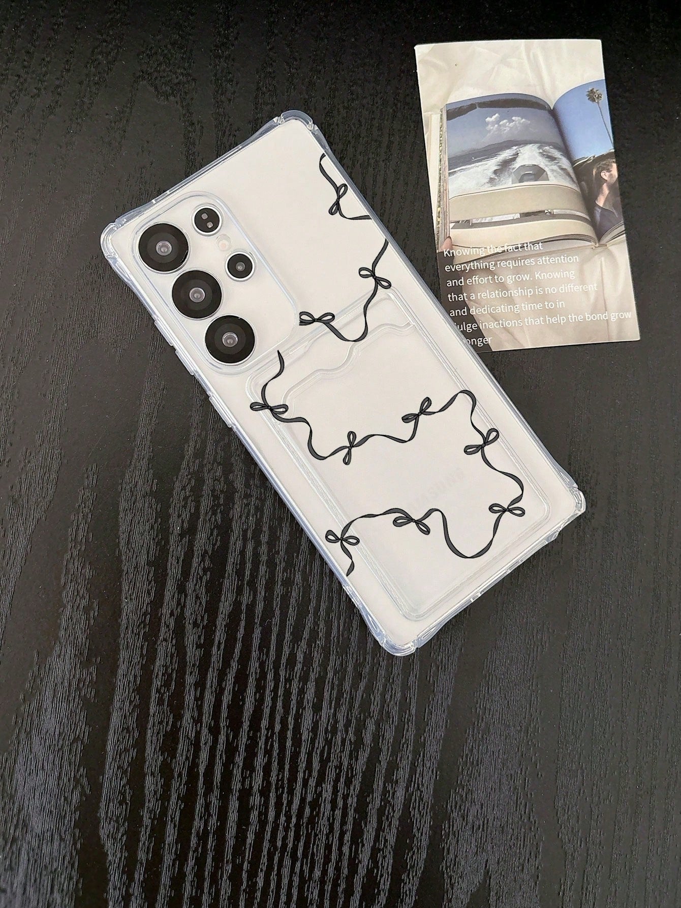 1pc White Transparent TPU Slim Black Ribbon Bow Print Pattern Four-Corner Anti-Drop Integrated Card Slot Phone Case, Fashionable Versatile Creative Personalized, Full Coverage Protection Dustproof Wat