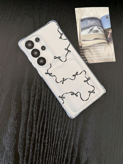 1pc White Transparent TPU Slim Black Ribbon Bow Print Pattern Four-Corner Anti-Drop Integrated Card Slot Phone Case, Fashionable Versatile Creative Personalized, Full Coverage Protection Dustproof Wat