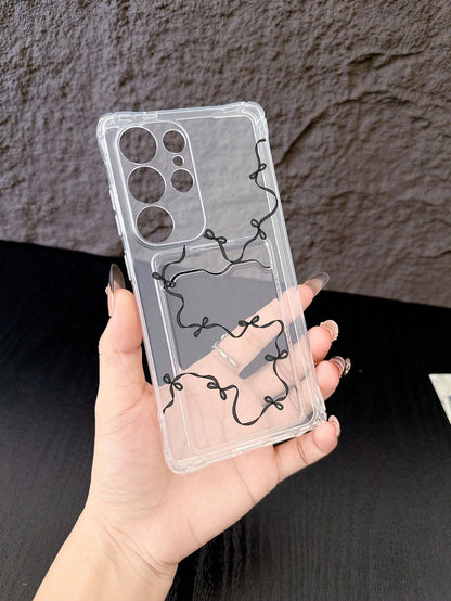 1pc White Transparent TPU Slim Black Ribbon Bow Print Pattern Four-Corner Anti-Drop Integrated Card Slot Phone Case, Fashionable Versatile Creative Personalized, Full Coverage Protection Dustproof Wat