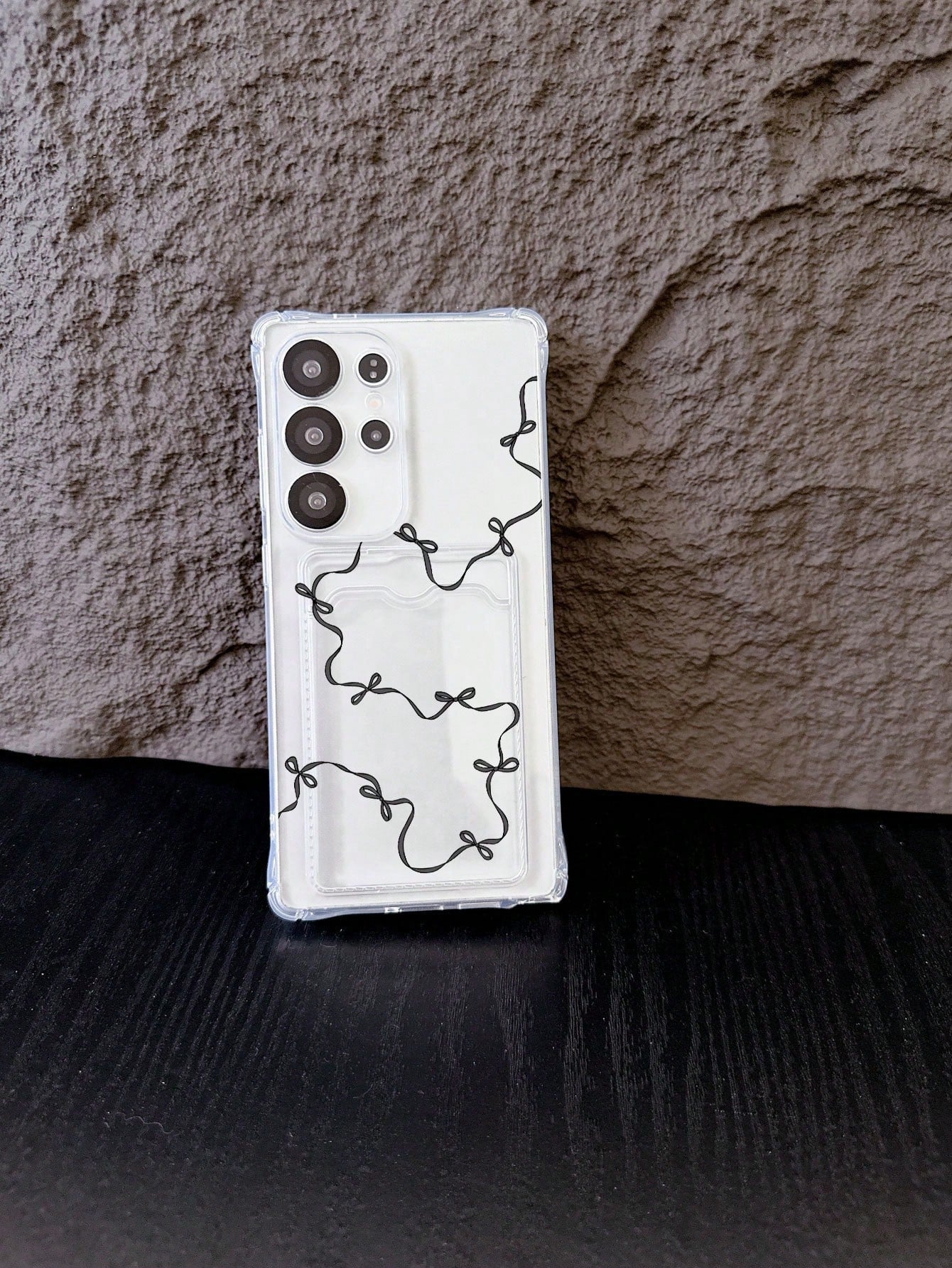 1pc White Transparent TPU Slim Black Ribbon Bow Print Pattern Four-Corner Anti-Drop Integrated Card Slot Phone Case, Fashionable Versatile Creative Personalized, Full Coverage Protection Dustproof Wat