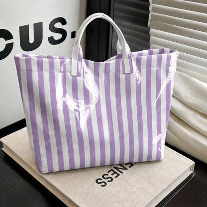 1pc Women' PVC Geometric Color-Blocked Stripes Design Tote Bag, Modern Fashion Lightweight Handbag, Multi Functional Commuter Travel Bag