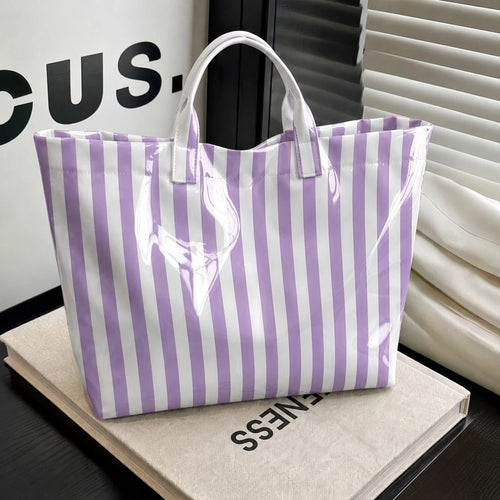 1pc Women' PVC Geometric Color-Blocked Stripes Design Tote Bag, Modern Fashion Lightweight Handbag, Multi Functional Commuter Travel Bag