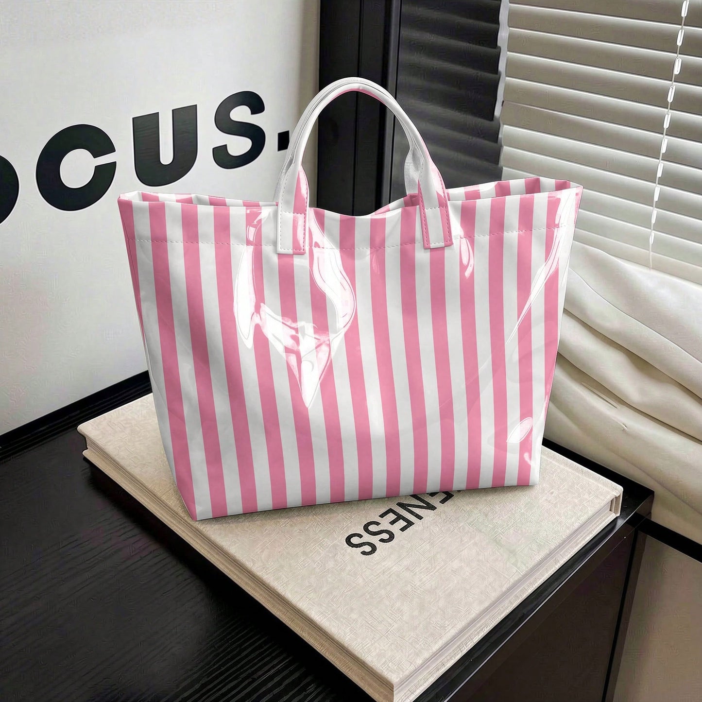 1pc Women' PVC Geometric Color-Blocked Stripes Design Tote Bag, Modern Fashion Lightweight Handbag, Multi Functional Commuter Travel Bag