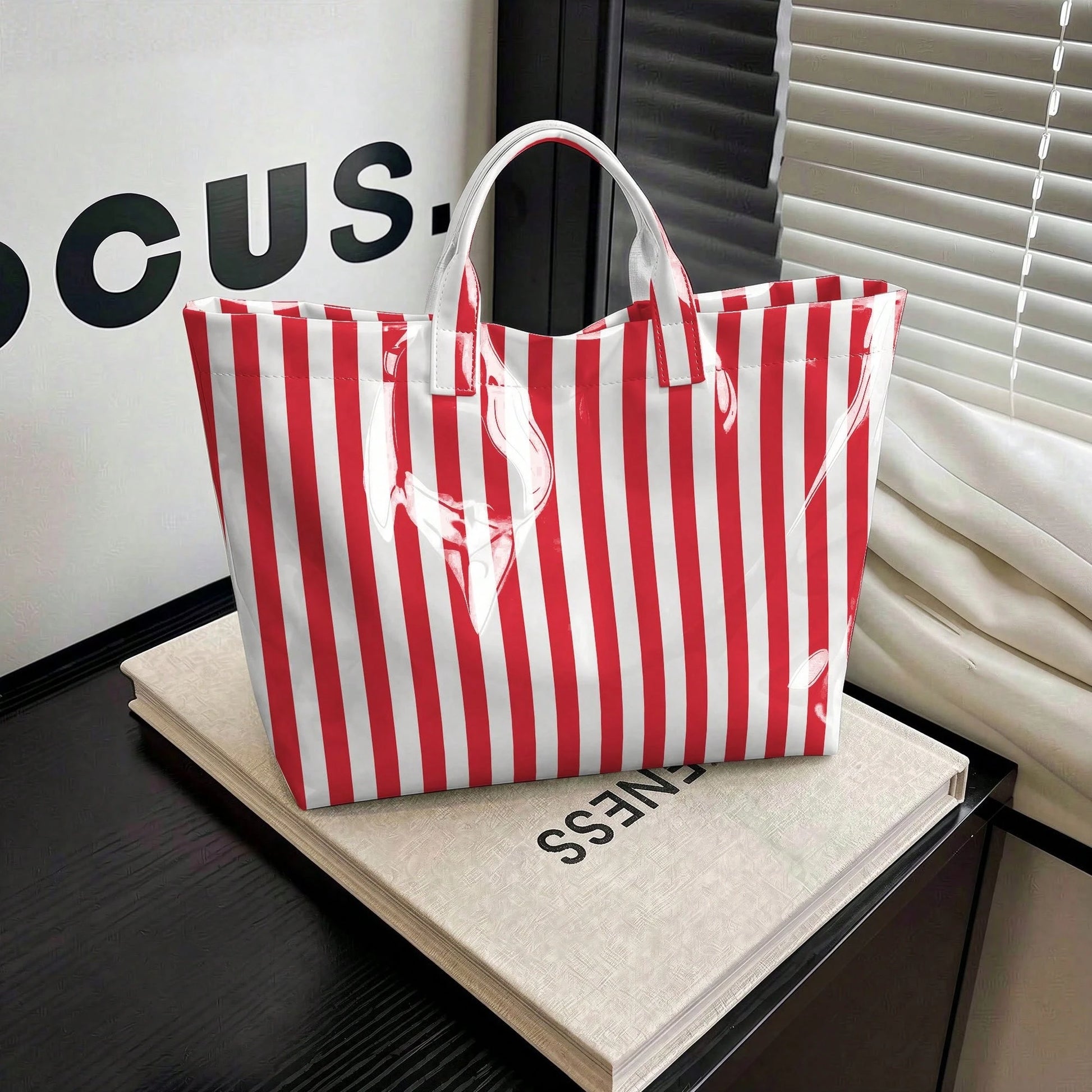 1pc Women' PVC Geometric Color-Blocked Stripes Design Tote Bag, Modern Fashion Lightweight Handbag, Multi Functional Commuter Travel Bag