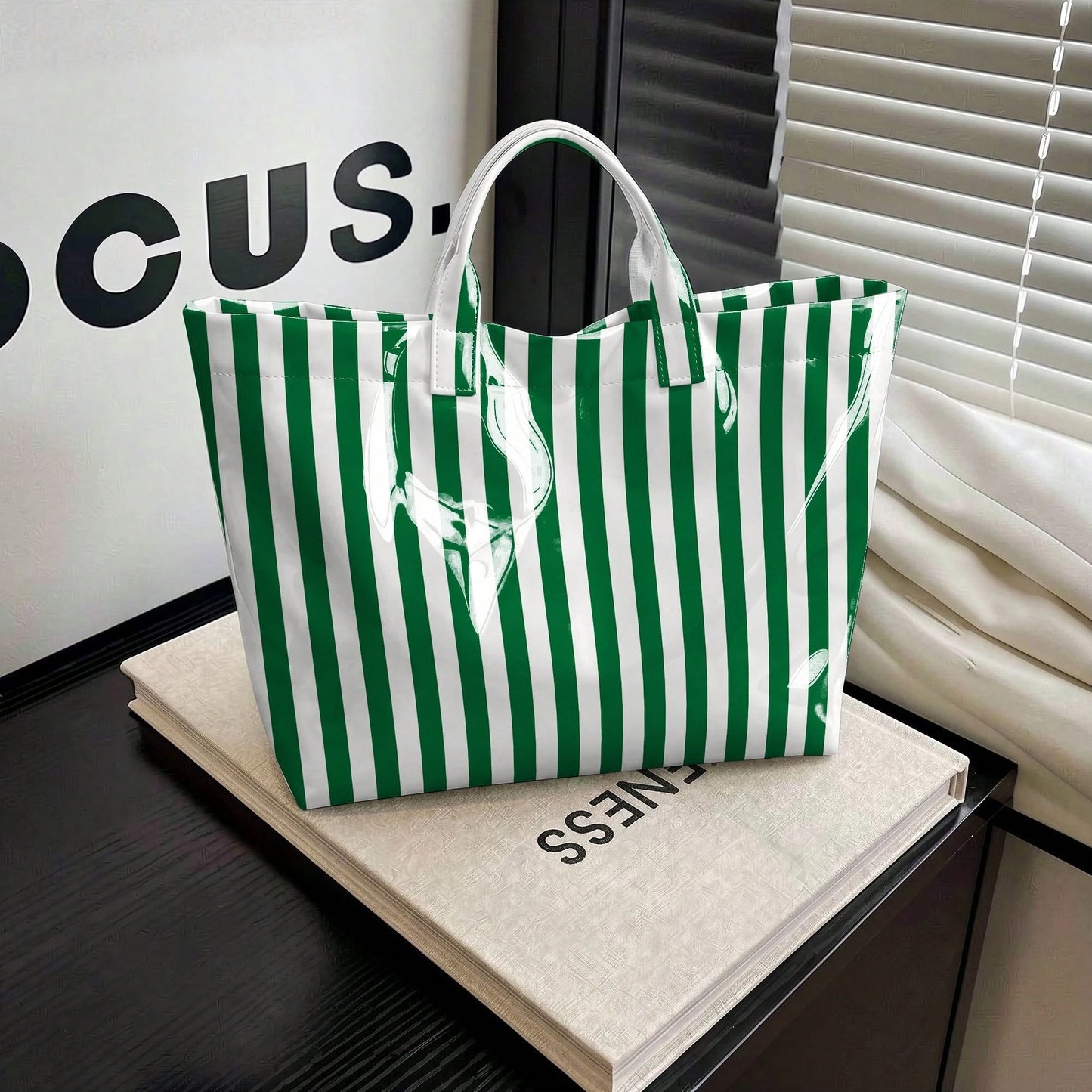 1pc Women' PVC Geometric Color-Blocked Stripes Design Tote Bag, Modern Fashion Lightweight Handbag, Multi Functional Commuter Travel Bag