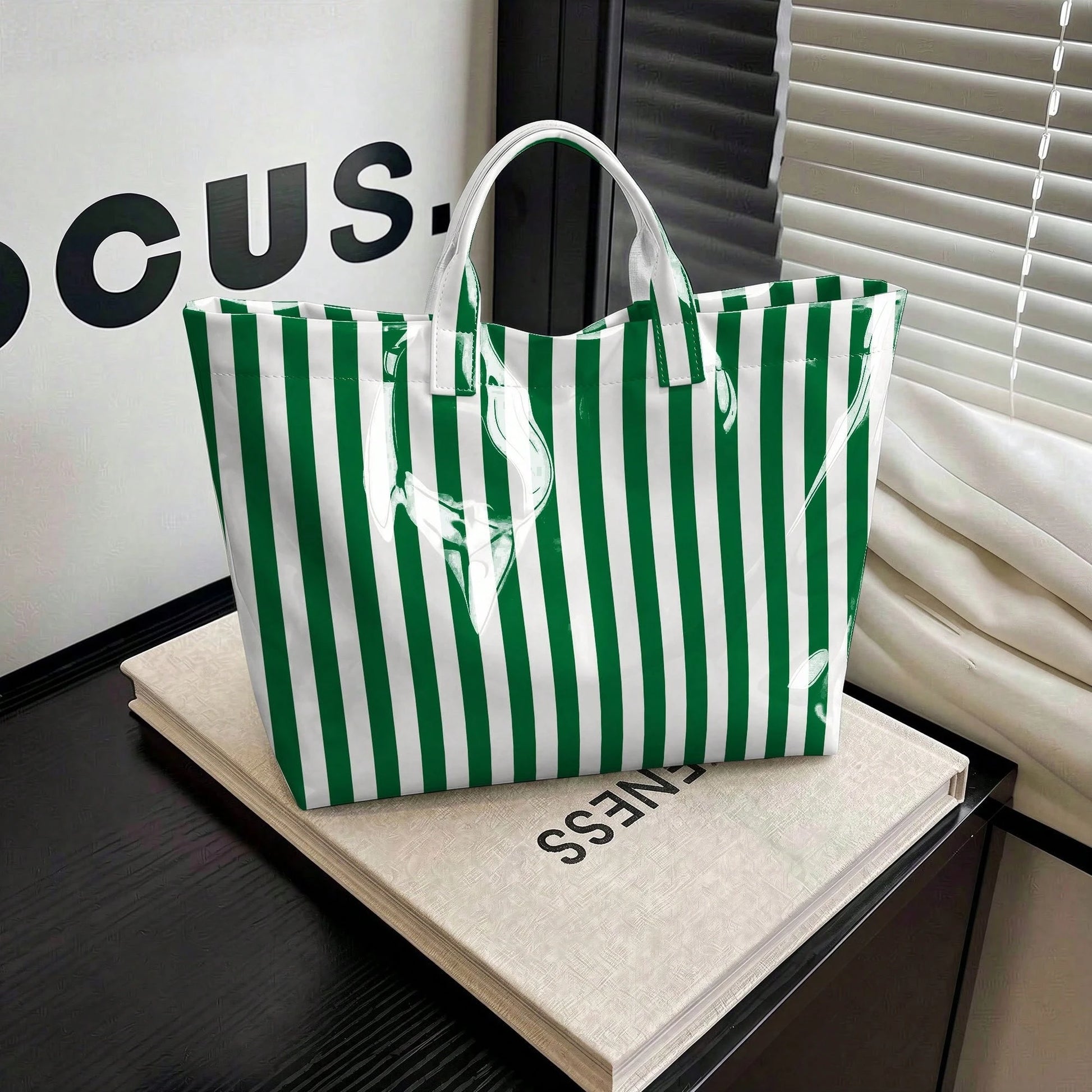 1pc Women' PVC Geometric Color-Blocked Stripes Design Tote Bag, Modern Fashion Lightweight Handbag, Multi Functional Commuter Travel Bag